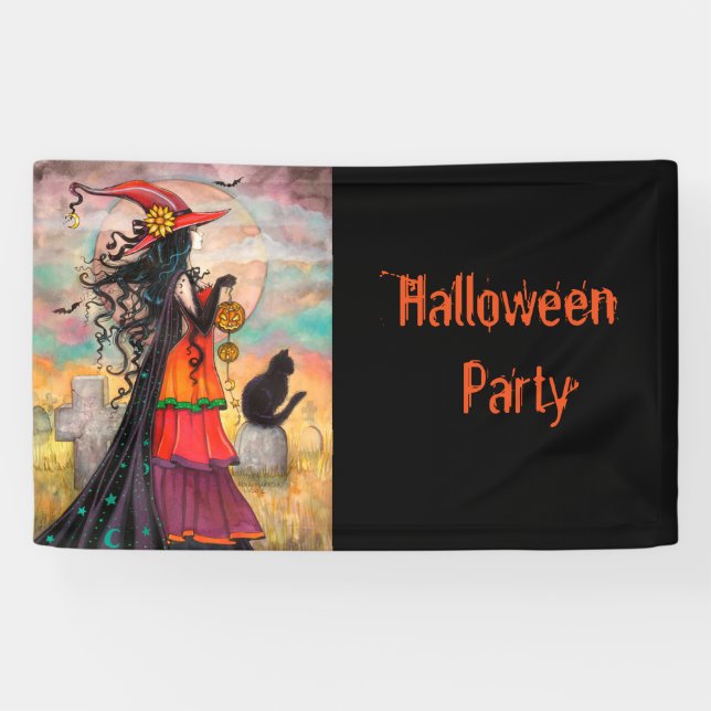 Halloween Party Witch and Cat Fantasy Art Banner (Horizontal)