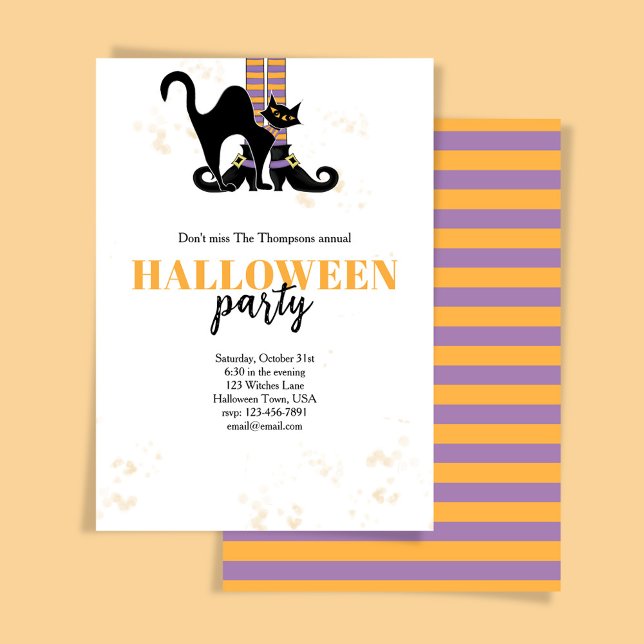 Halloween Party Witch Black Cat Whimsical Invitation (Whimsical Halloween party invitation with a witch and black cat.)
