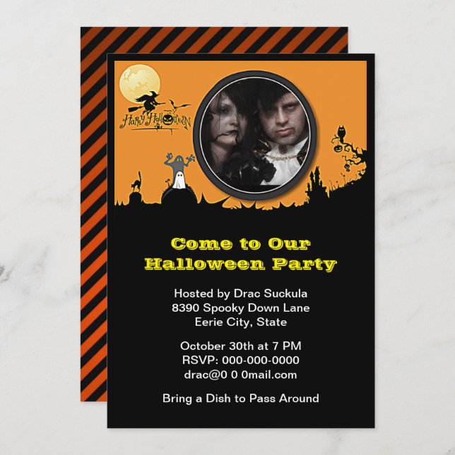 Halloween Party, Witch, Ghost, Cat, Add Your Photo Invitation (Front/Back)