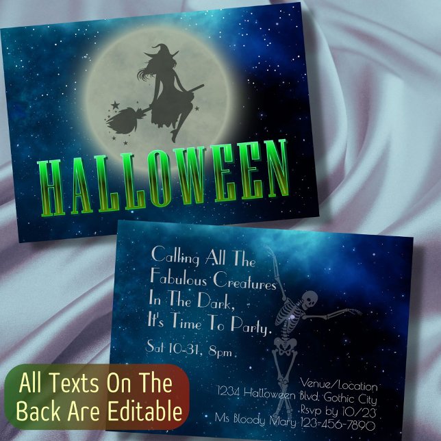 Halloween Party witch moon skeleton modern elegant Invitation (Creator Uploaded)