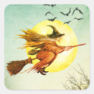 Halloween Party Witch On Broomstick Full Moon Square Sticker