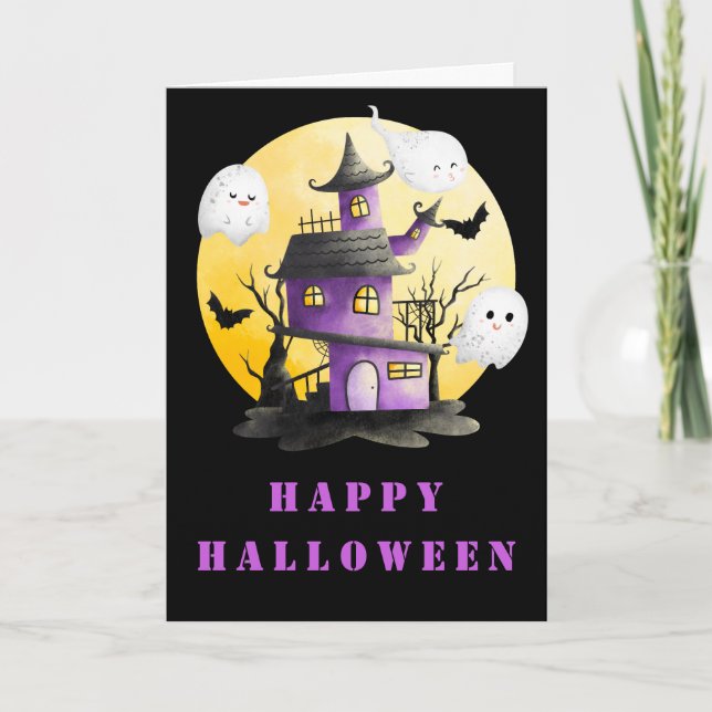 Halloween Party with Haunted House and Ghosts Card (Front)