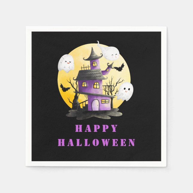 Halloween Party with Haunted House and Ghosts Napkin (Front)