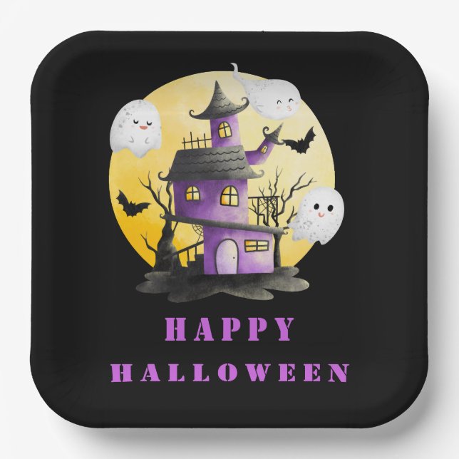 Halloween Party with Haunted House and Ghosts Paper Plate (Front)