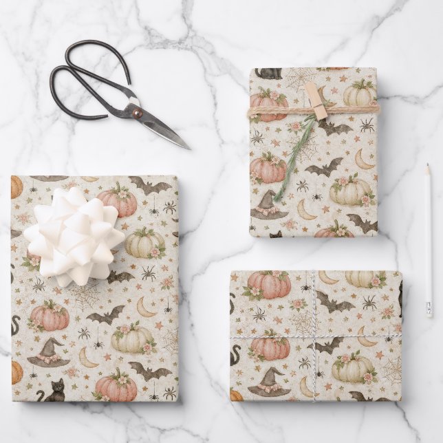Halloween Pastel Pumpkins Wrapping Paper Sheet (Front)