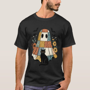 Halloween Patchwork Ghost Black Cat Floral Bats Cu T-Shirt