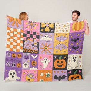Halloween Patchwork Pattern – Festive Squares Fleece Blanket