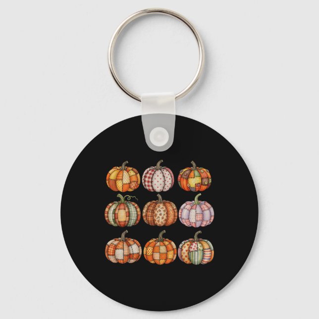 Halloween Patchwork Pumpkin Quilted Fall Aesthetic Key Ring (Front)