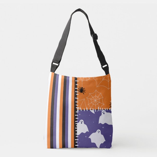 Halloween Patchwork Stripes Ghosts Crossbody Bag (Front)