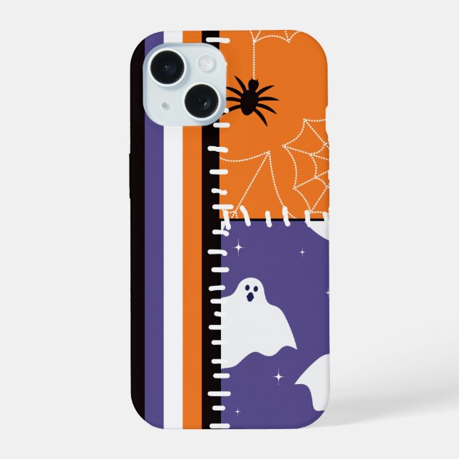 Halloween Patchwork Stripes Ghosts iPhone 15 Case (Back)