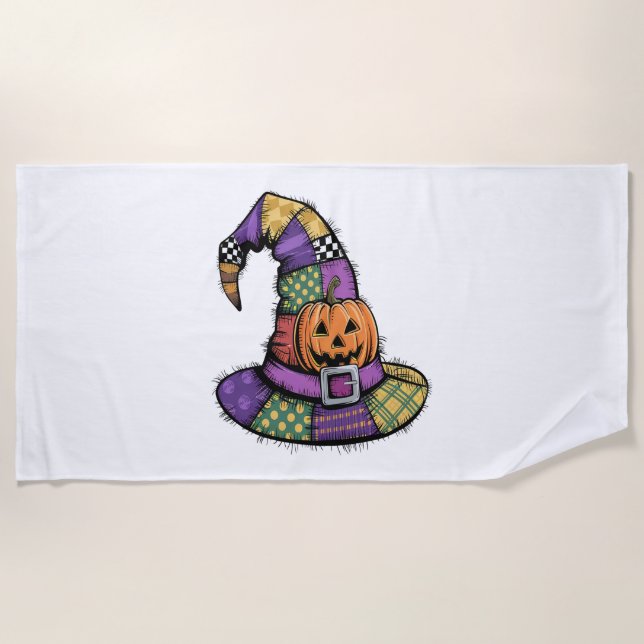 Halloween Patchwork Witch Hat Spooky Beach Towel (Front)