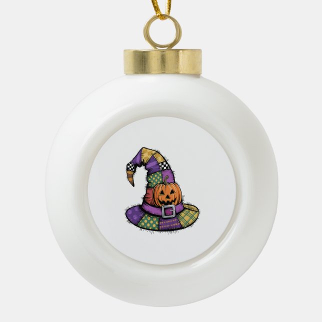 Halloween Patchwork Witch Hat Spooky Ceramic Ball Christmas Ornament (Front)