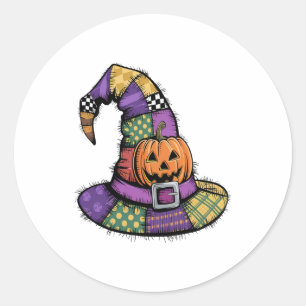 Halloween Patchwork Witch Hat Spooky Classic Round Sticker