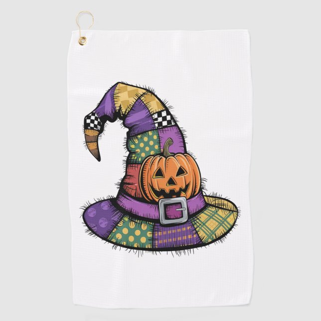 Halloween Patchwork Witch Hat Spooky Golf Towel (Front)