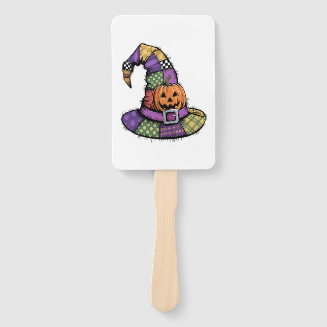 Halloween Patchwork Witch Hat Spooky Hand Fan (Front)