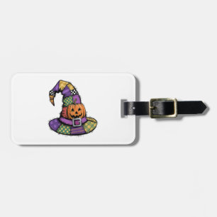 Halloween Patchwork Witch Hat Spooky Luggage Tag
