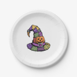 Halloween Patchwork Witch Hat Spooky Paper Plate