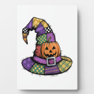 Halloween Patchwork Witch Hat Spooky Plaque