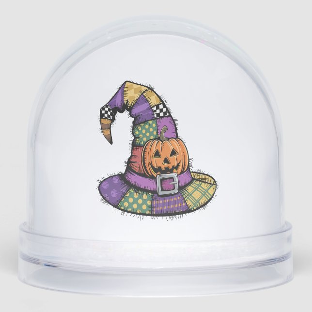 Halloween Patchwork Witch Hat Spooky Snowglobe (Front)