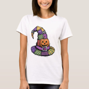 Halloween Patchwork Witch Hat Spooky T-Shirt