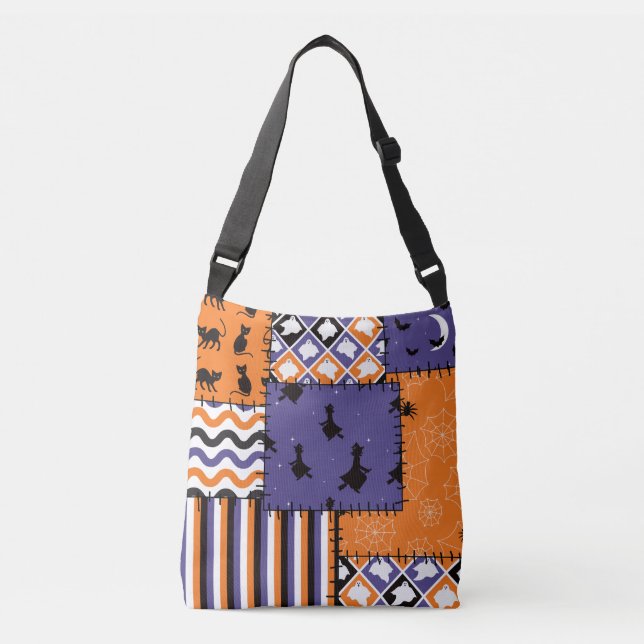 Halloween Patchwork Witches Cats Throw Pillow Crossbody Bag (Front)