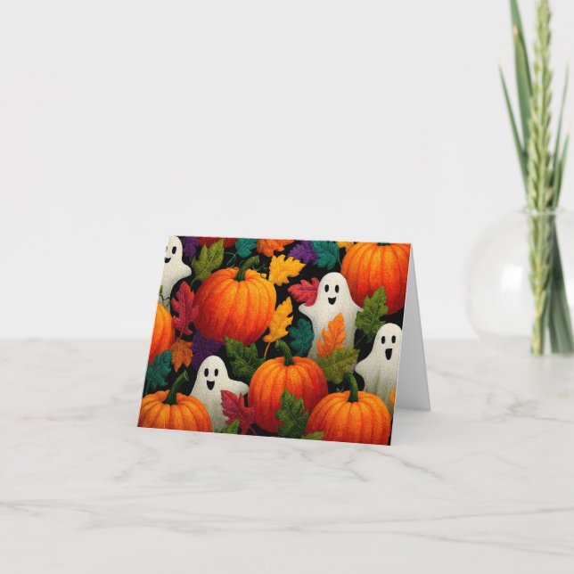 Halloween Pattern Background with Orange Pumpkins Holiday Card (Front)