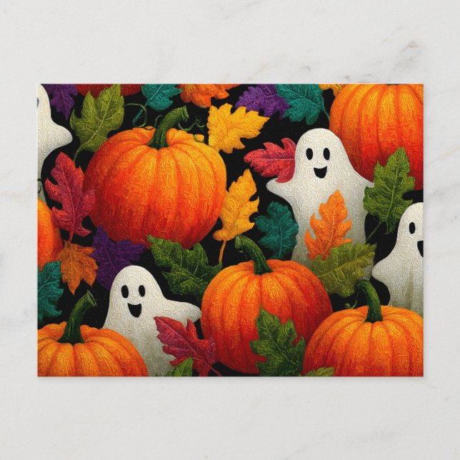 Halloween Pattern Background with Orange Pumpkins Holiday Postcard (Front)
