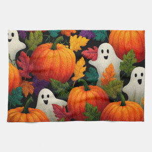 Halloween Pattern Background with Orange Pumpkins Tea Towel