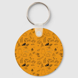 Halloween pattern of ghosts, houses, spiders key ring