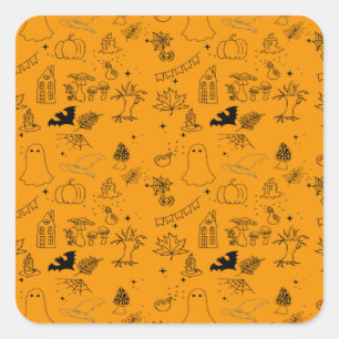 Halloween pattern of ghosts, houses, spiders square sticker