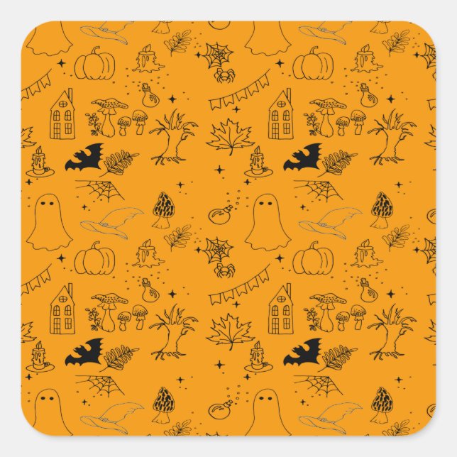 Halloween pattern of ghosts, houses, spiders  square sticker (Front)