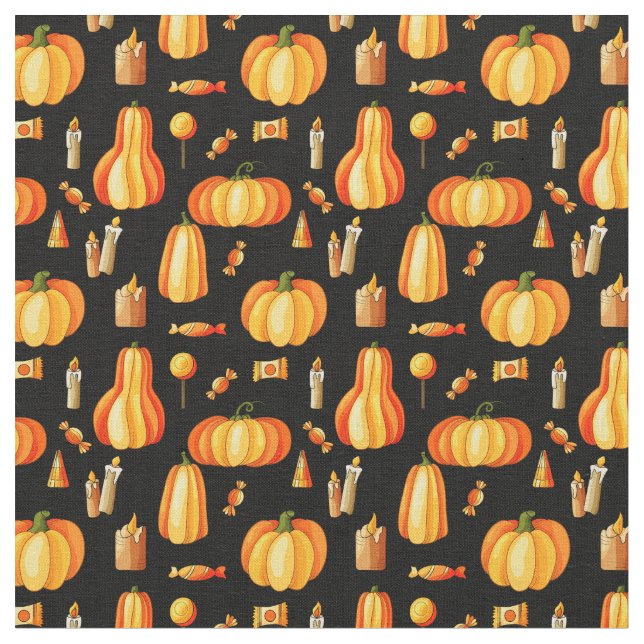 Halloween Pattern, Orange Pumpkins, Candy & Candle Fabric (Close Up)