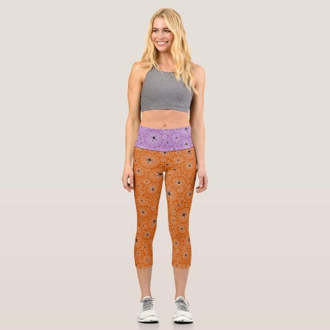 Halloween Pattern | Spiders on Spiderwebs Capri Leggings (Front)
