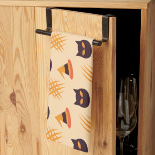 Halloween Pattern With Cats and Beige Pattern Tea Towel