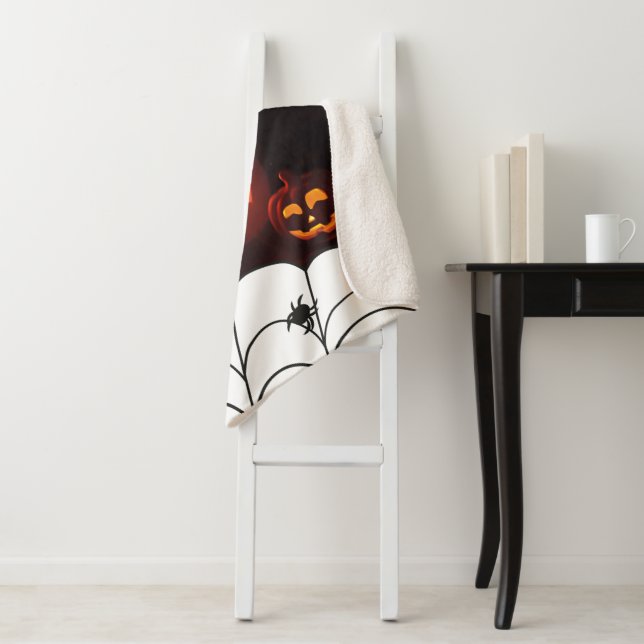 Halloween Pattern with Pumpkins and Spiders Sherpa Blanket (In Situ)