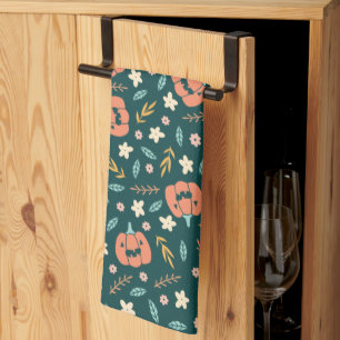 Halloween Pattern With Watercolor and Turquoise Tea Towel