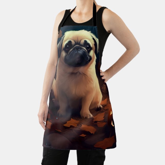 Halloween Pekingese With Pumpkins Scary Apron (Insitu)