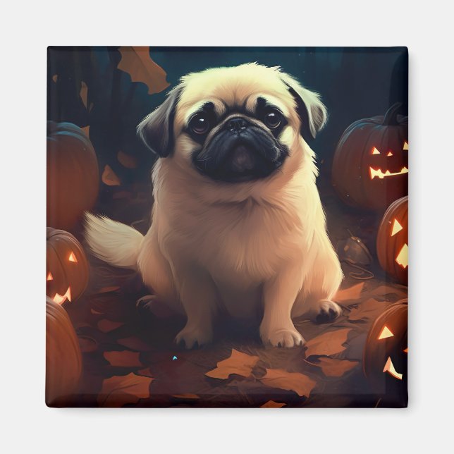 Halloween Pekingese With Pumpkins Scary Magnet (Front)