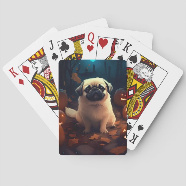 Halloween Pekingese With Pumpkins Scary Playing Cards (Back)