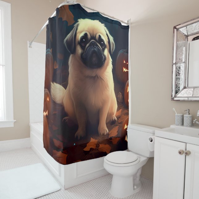 Halloween Pekingese With Pumpkins Scary Shower Curtain (In Situ)