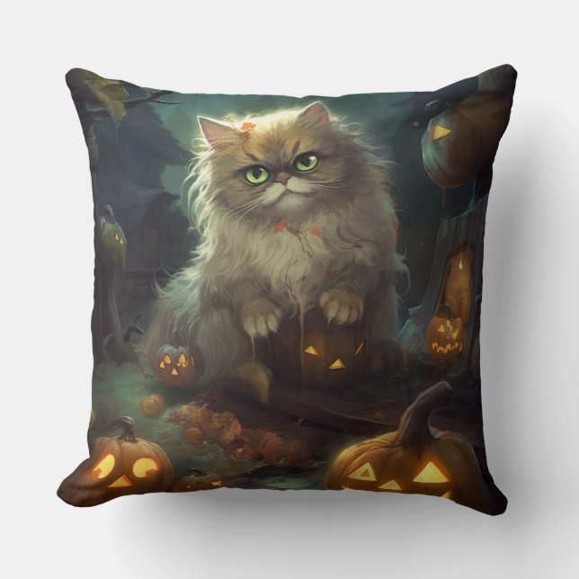 Halloween Persian Cat With Pumpkins Scary Cushion (Front)