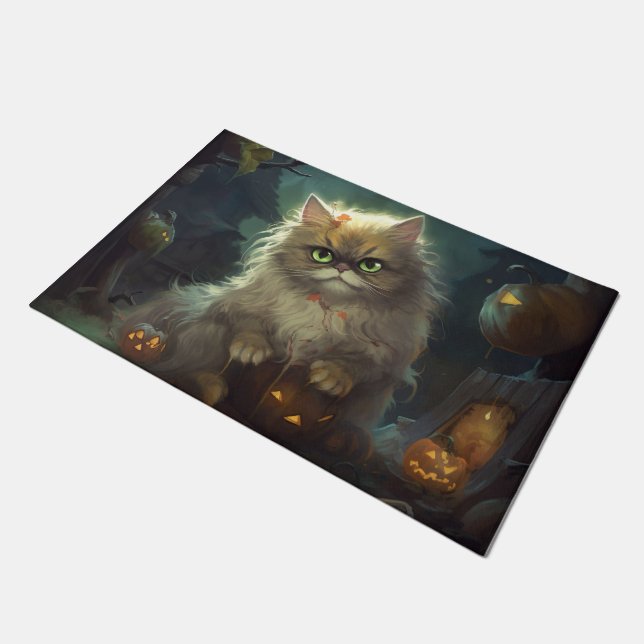 Halloween Persian Cat With Pumpkins Scary Doormat (Angled)