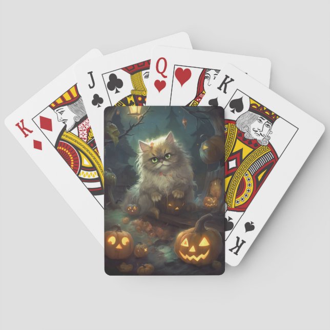 Halloween Persian Cat With Pumpkins Scary Playing Cards (Back)