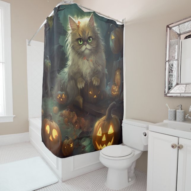 Halloween Persian Cat With Pumpkins Scary Shower Curtain (In Situ)