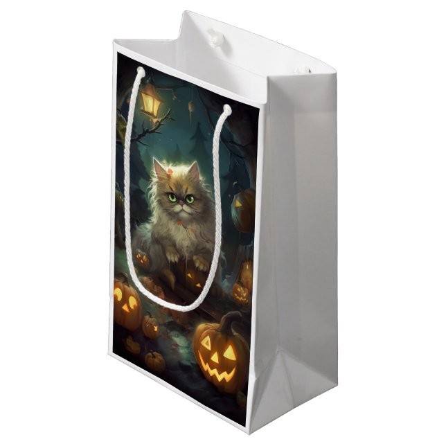 Halloween Persian Cat With Pumpkins Scary Small Gift Bag (Front Angled)