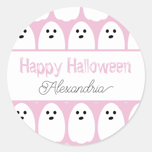 Halloween Personalised Cute Ghosts Pink Classic Round Sticker (Front)