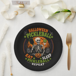 Halloween Pickleball Skeleton Spooky Sports Paper Plate