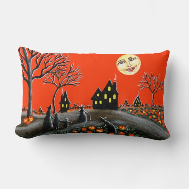 Halloween,pillow,Jack-O-Lanterns,witches,moon,cats Lumbar Cushion (Front)