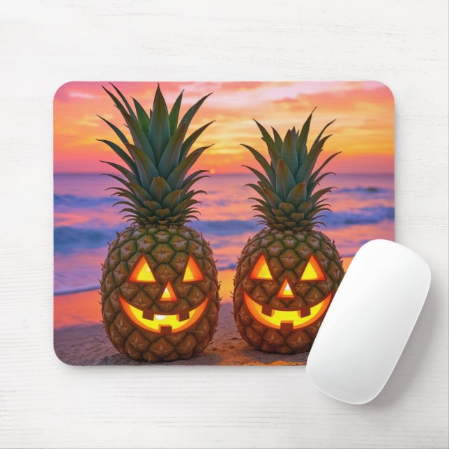 Halloween Pineapple Jack-o-lanterns On a Beach Mouse Pad (With Mouse)