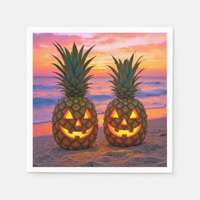Halloween Pineapple Jack-o-lanterns On a Beach Napkin (Front)